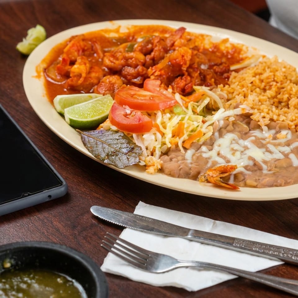 Mexican platter with saucy shrimp, rice, refried beans, salad, lime wedges, and tomato beside a Modelo beer on a wooden table.