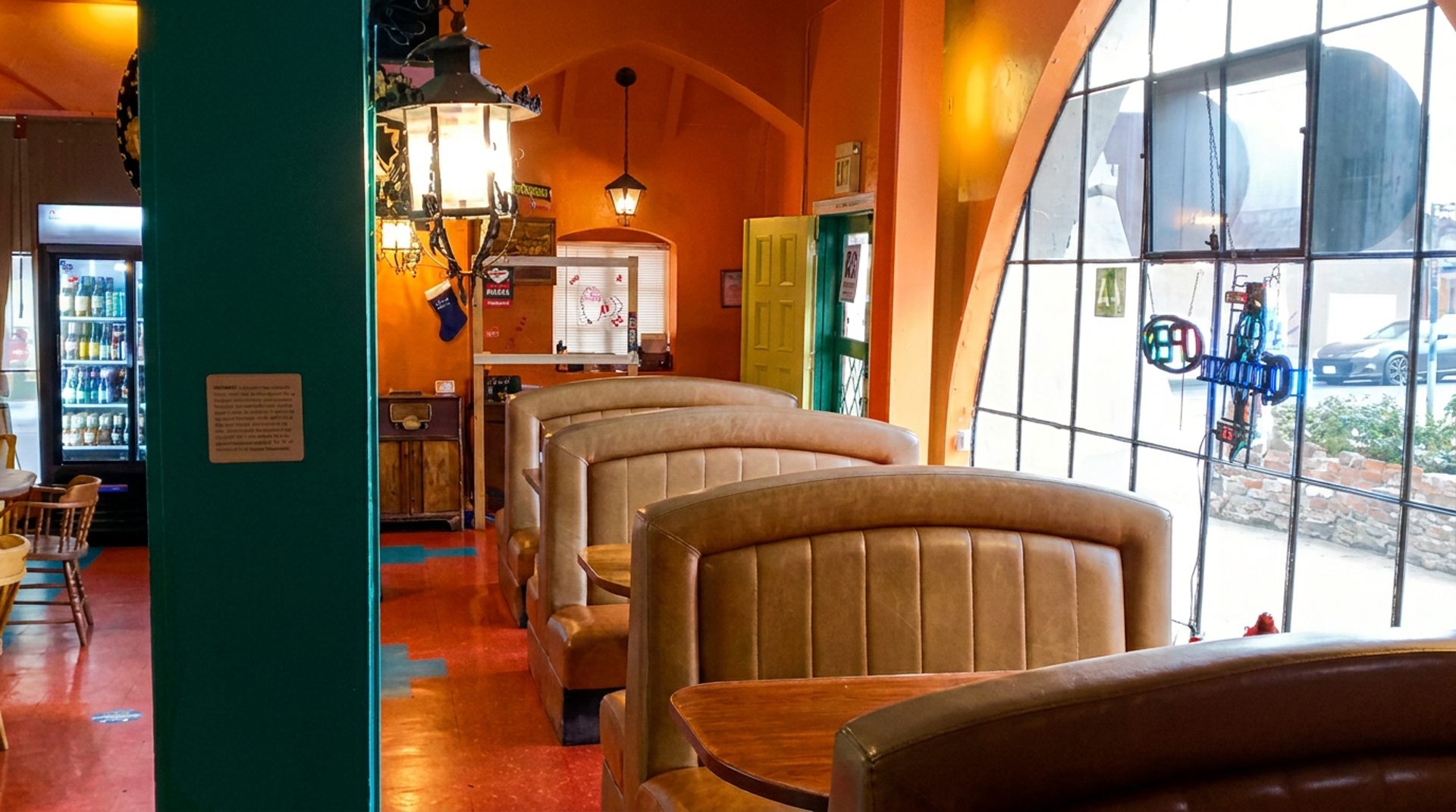A quiet room with booths