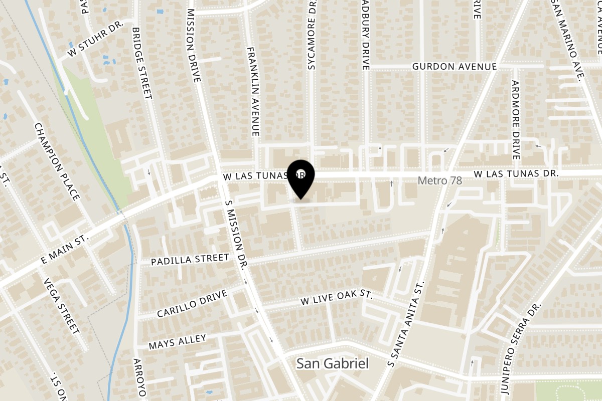 Map showing the location of Casa Calderon on 622 W Las Tunas Dr in San Gabriel